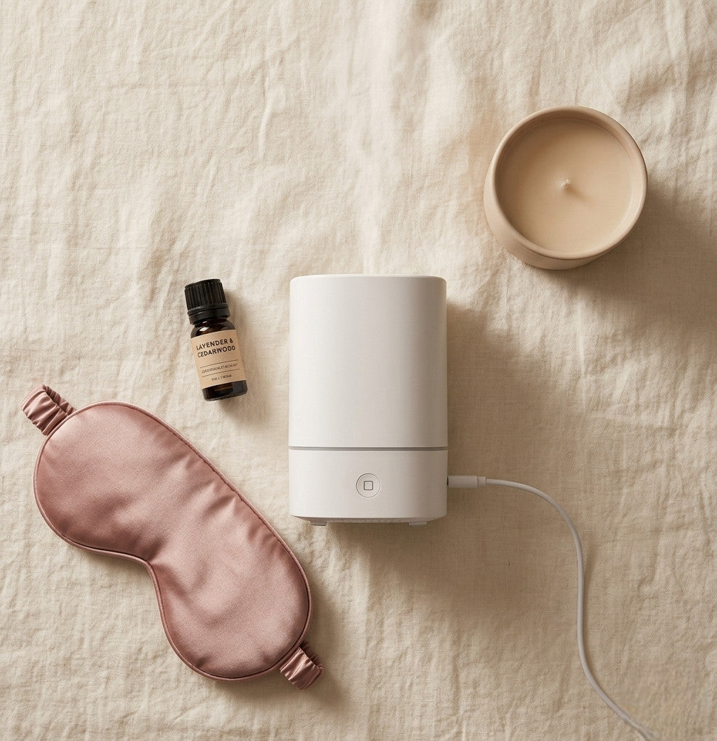 Rituel bien-être du soir avec diffuseur aromathérapie et masque soie YaNa Confort