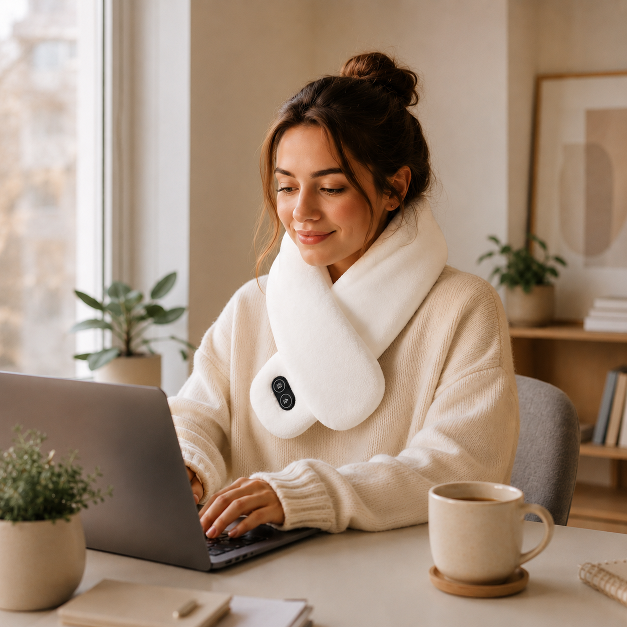 Femme en télétravail portant écharpe ThermoCozy blanc YaNa Confort