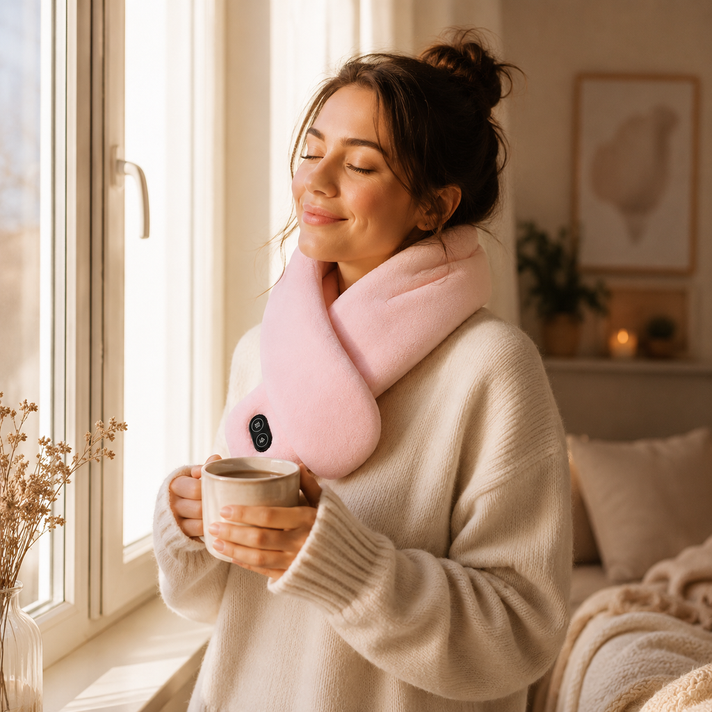 Femme portant écharpe ThermoCozy rose moment cocooning YaNa Confort