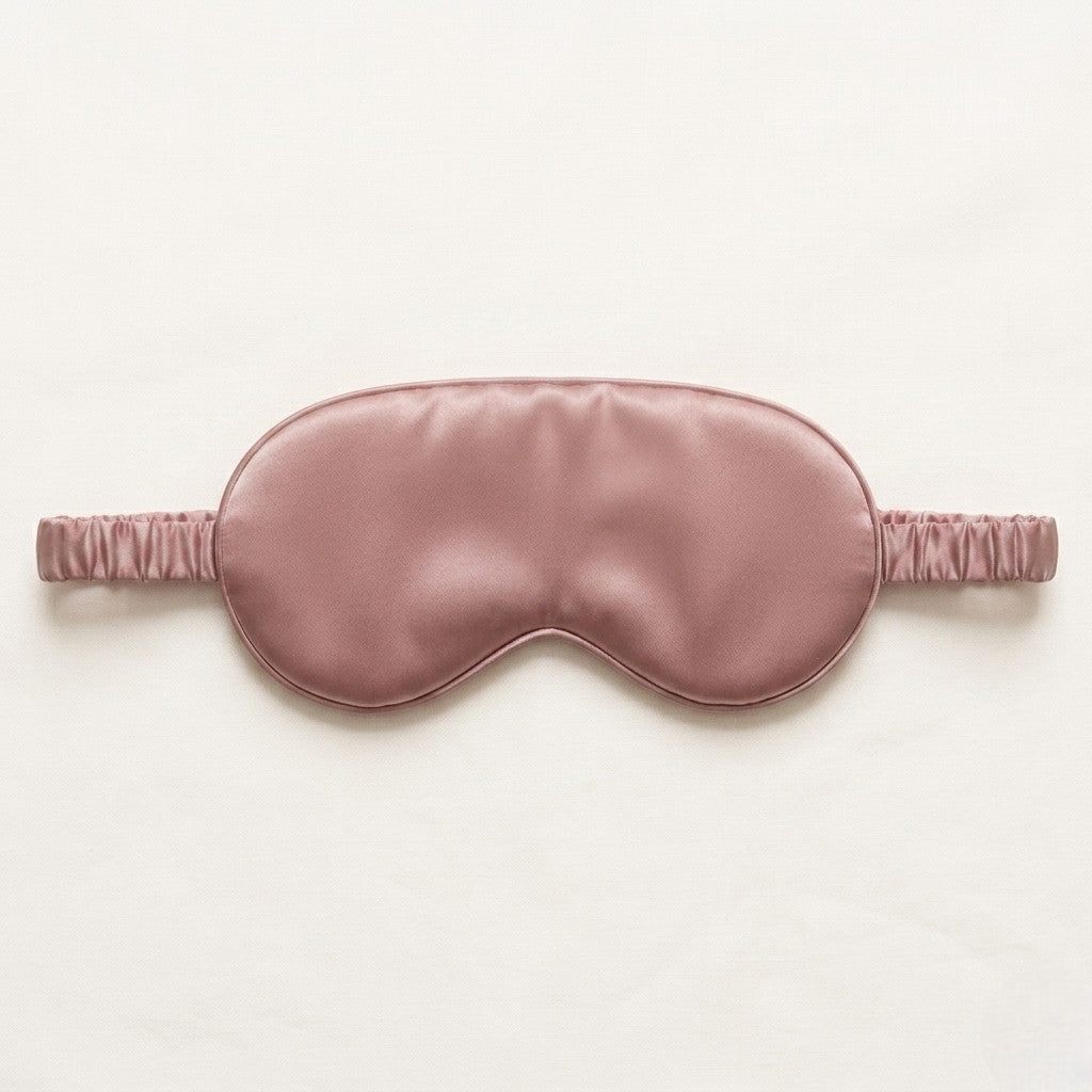 Masque de sommeil en soie naturelle rose poudré YaNa-Confort posé sur tissu beige