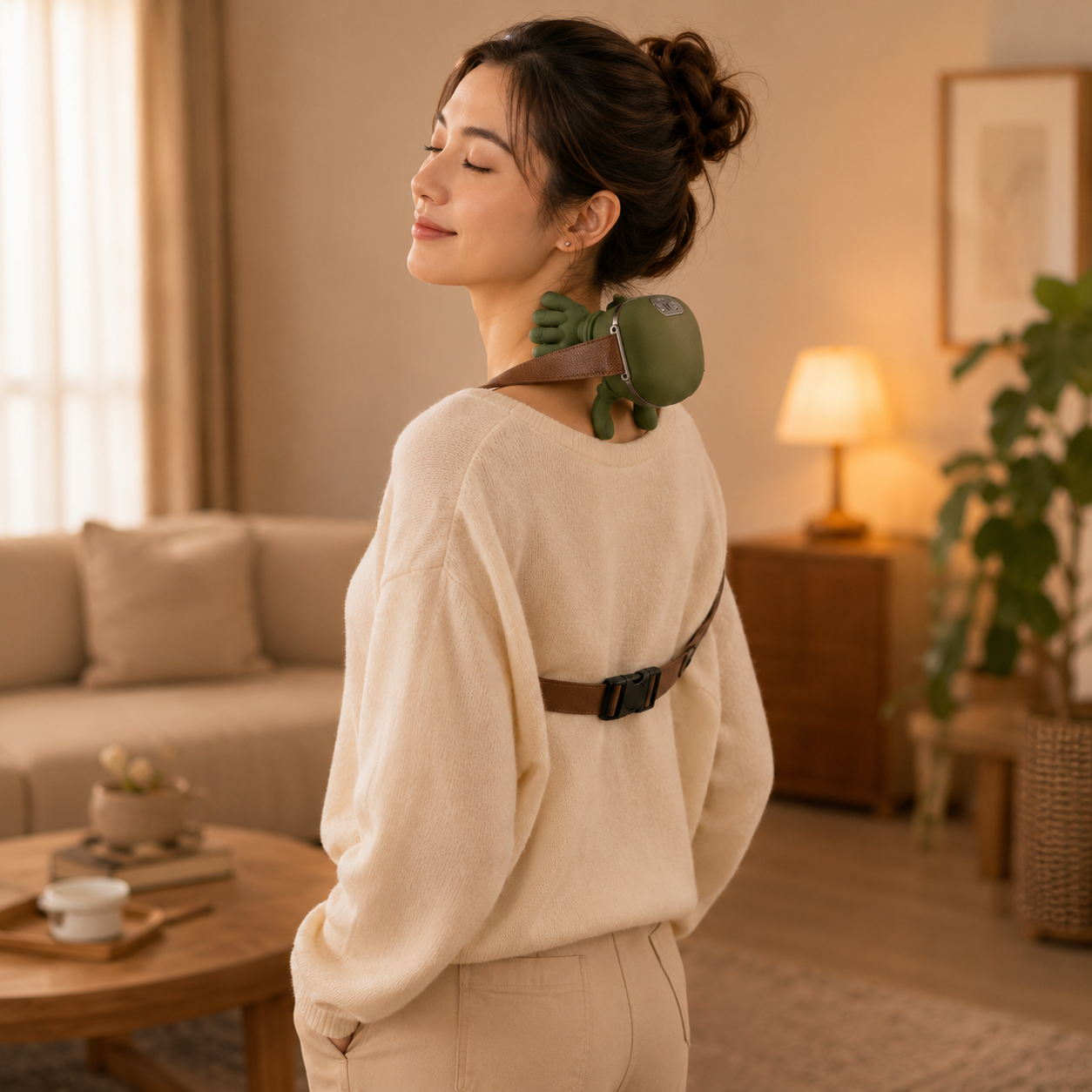 Femme portant masseur CerviCalm détendue à la maison YaNa Confort