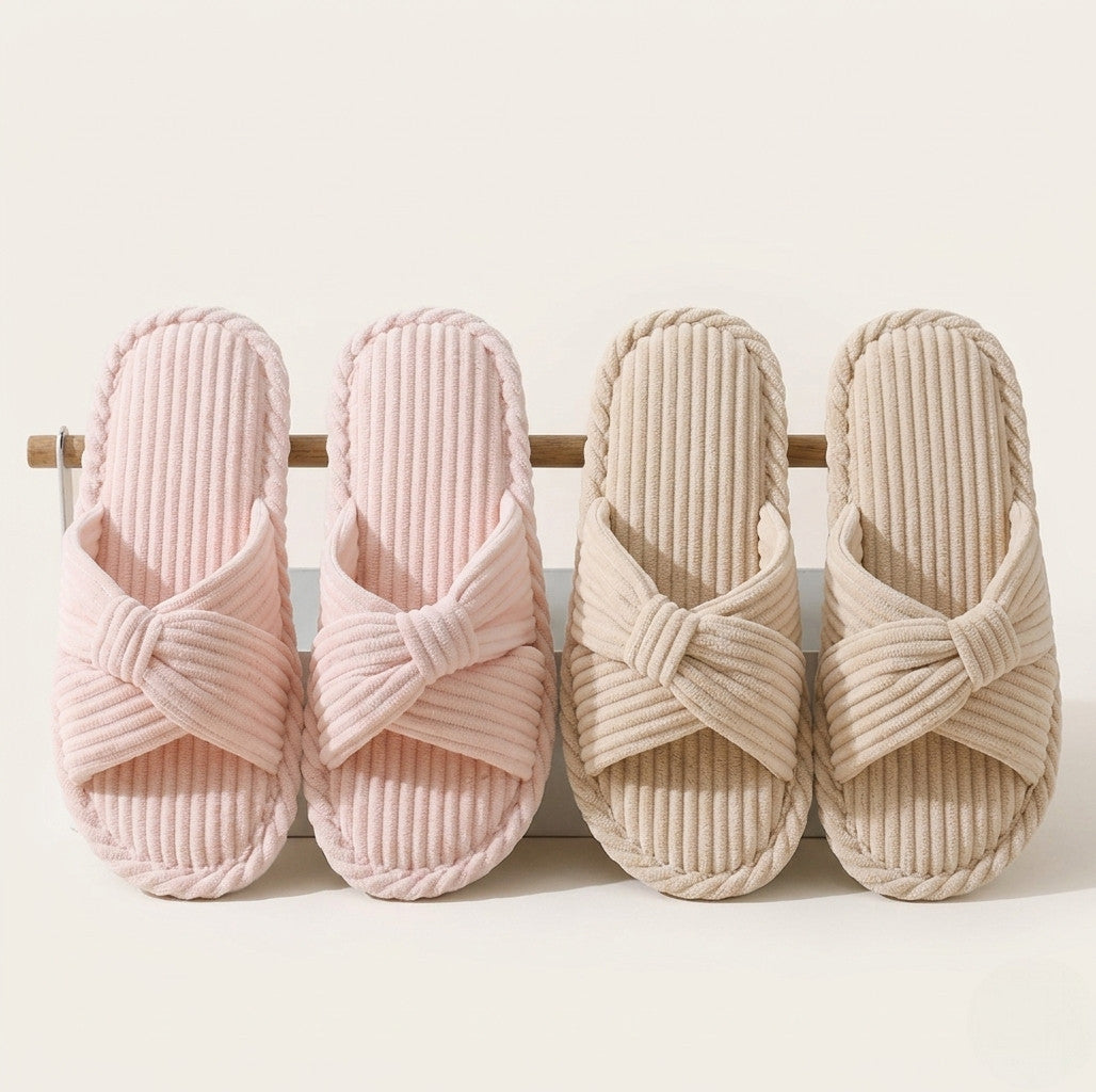 Duo pantoufles velours côtelé rose poudré et beige naturel YaNa Confort