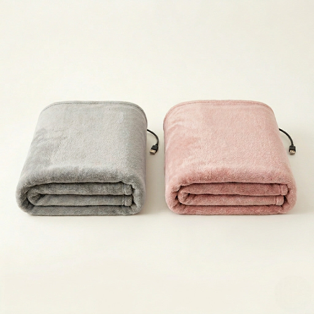 Duo plaid chauffant USB gris doux et rose poudré YaNa Confort