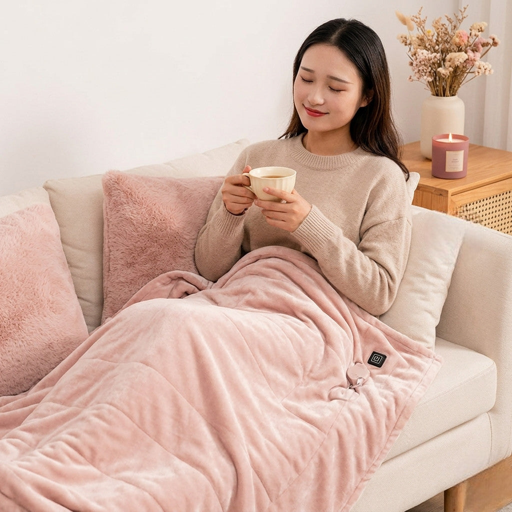 Femme enveloppée dans plaid chauffant USB sur canapé cosy YaNa Confort