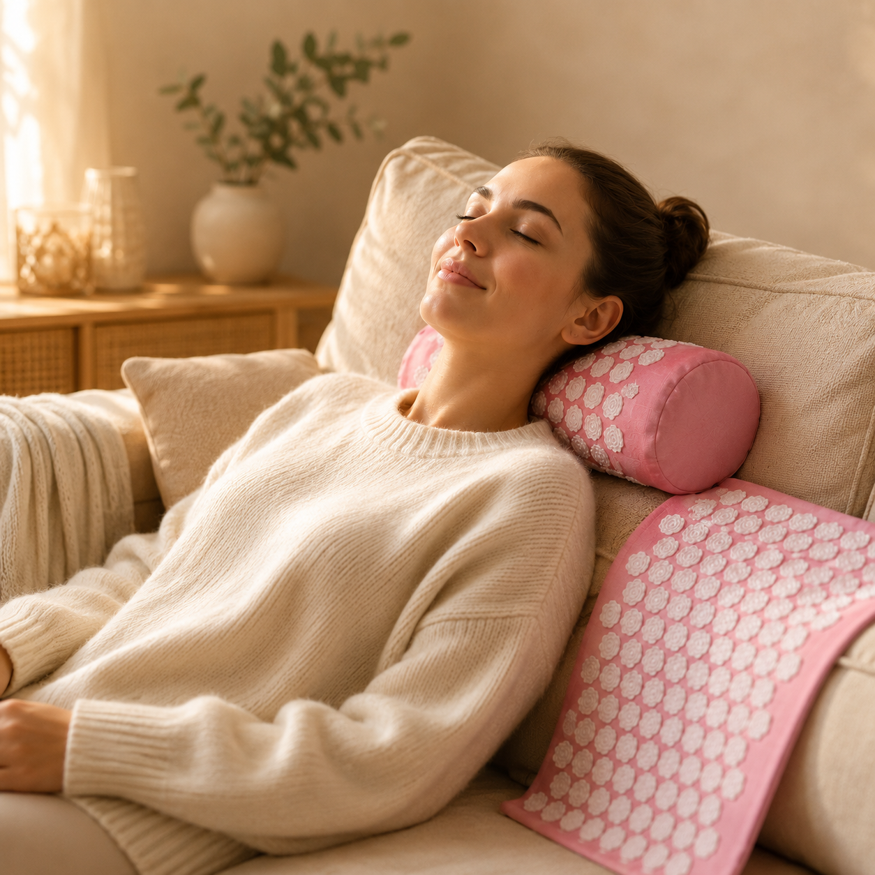 Femme utilisant coussin acupression AcuCalm sur canapé YaNa Confort
